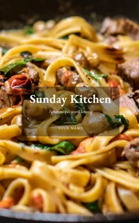 Beispiel-Cover „Sunday Kitchen“ mit der Vorlage Landhaus: Bandnudeln mit Fleisch und Tomaten in der Pfanne