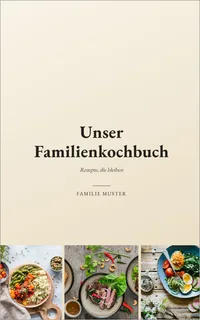 Beispiel-Cover „Unser Familienkochbuch“ mit der Vorlage Landhaus: cremefarbener Grund, unten ein Streifen aus drei Speisefotos