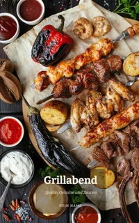 Beispiel-Cover „Grillabend“ mit der Vorlage Marktstand: Grillspieße, gegrilltes Gemüse und Saucen auf dunklem Holz