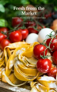 Beispiel-Cover „Fresh from the Market“ mit der Vorlage Sonntagsblatt: frische Bandnudeln und Strauchtomaten