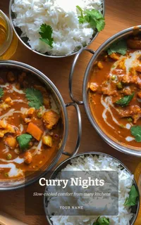 Beispiel-Cover „Curry Nights“ mit der Vorlage Marktstand: Curry-Schalen und Reis von oben